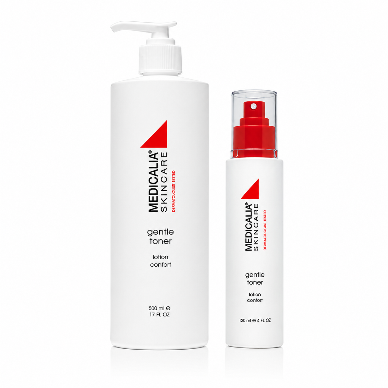 Medicalia Gentle Toner 500ml professional bottle and 120ml retail bottle duo for gentle skin toning
