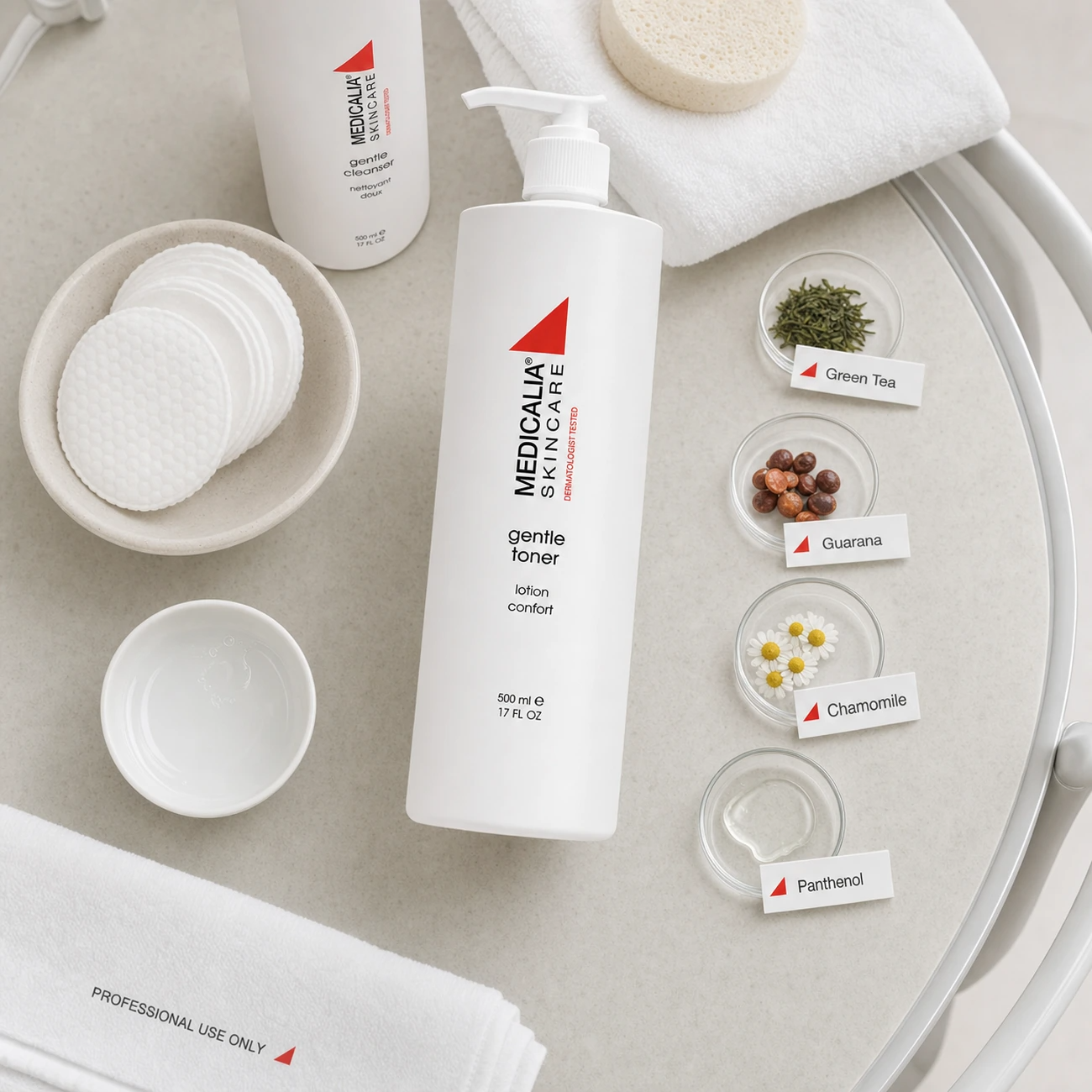Medicalia Gentle Toner 500ml treatment-support flatlay with professional toning tools and key calming ingredient references.