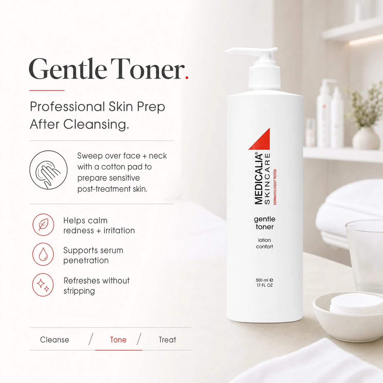 Medicalia Gentle Toner 500ml professional usage education image showing skin preparation after cleansing before treatment products.