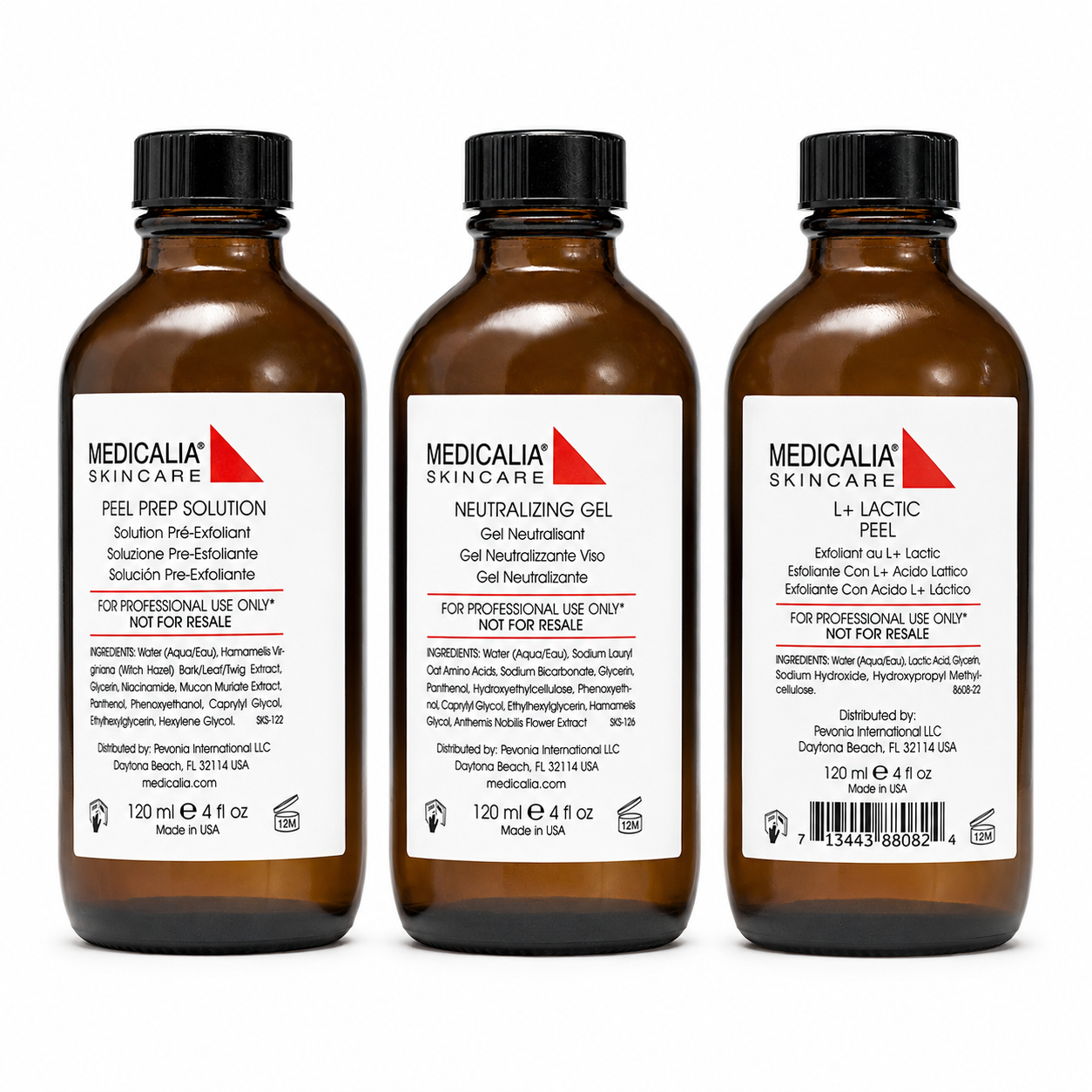 Medicalia Peel Prep Solution, Neutralizing Gel and L+ Lactic Peel 120ml bottles displayed together for medi clinic peeling treatments.