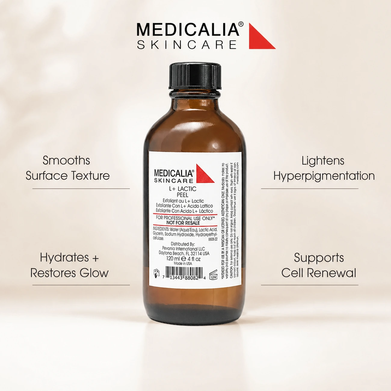 Medicalia L Plus Lactic Peel 120ml professional benefit callout for texture smoothing, hyperpigmentation support, hydration and renewal.