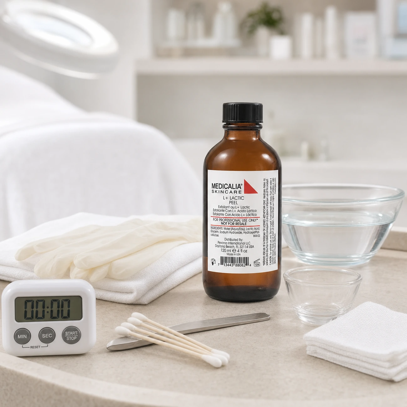 Medicalia L Plus Lactic Peel 120ml styled as a professional medi-clinic peeling treatment product for trained therapists.