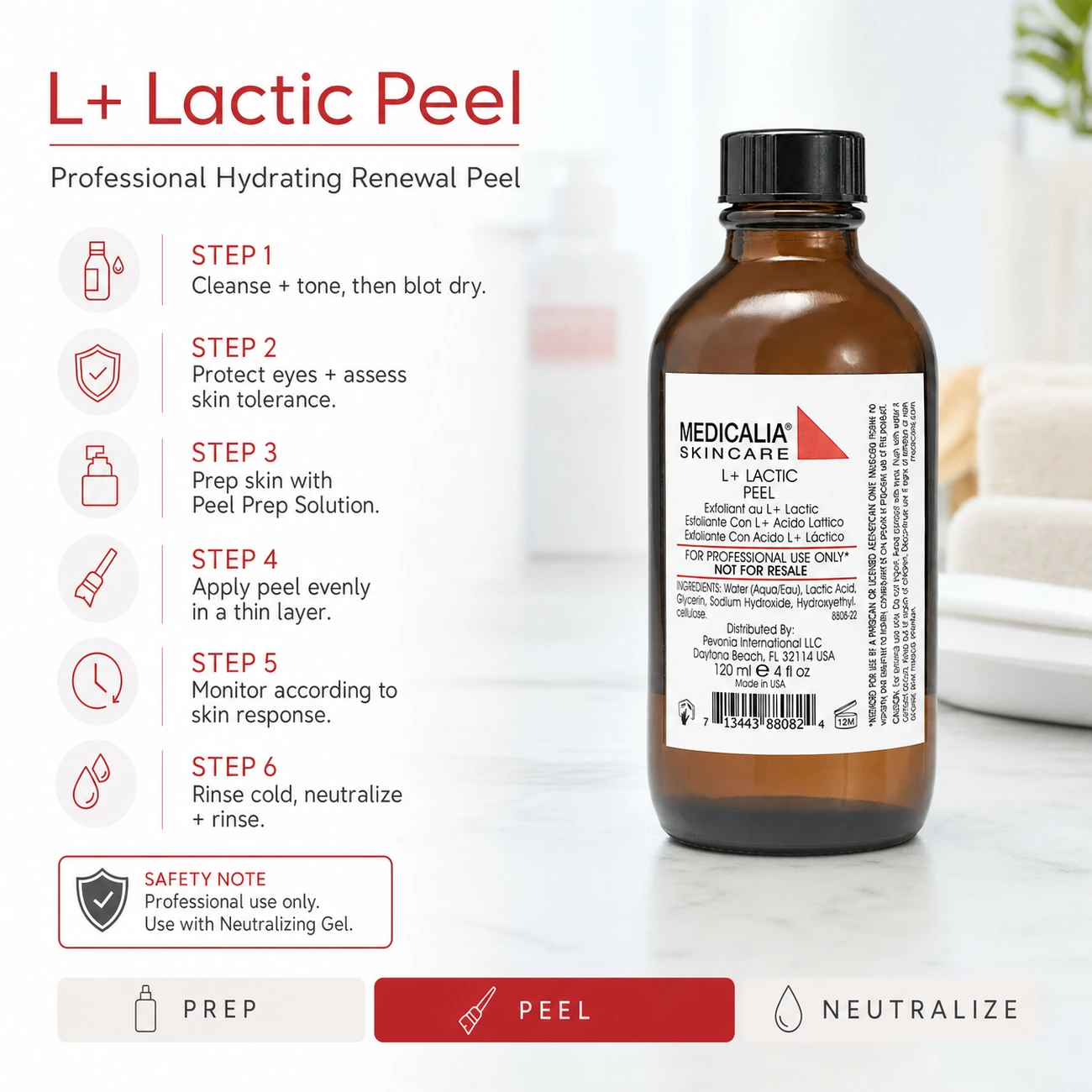 Medicalia L Plus Lactic Peel 120ml step-by-step professional hydrating renewal peel protocol with neutralizing gel requirement.