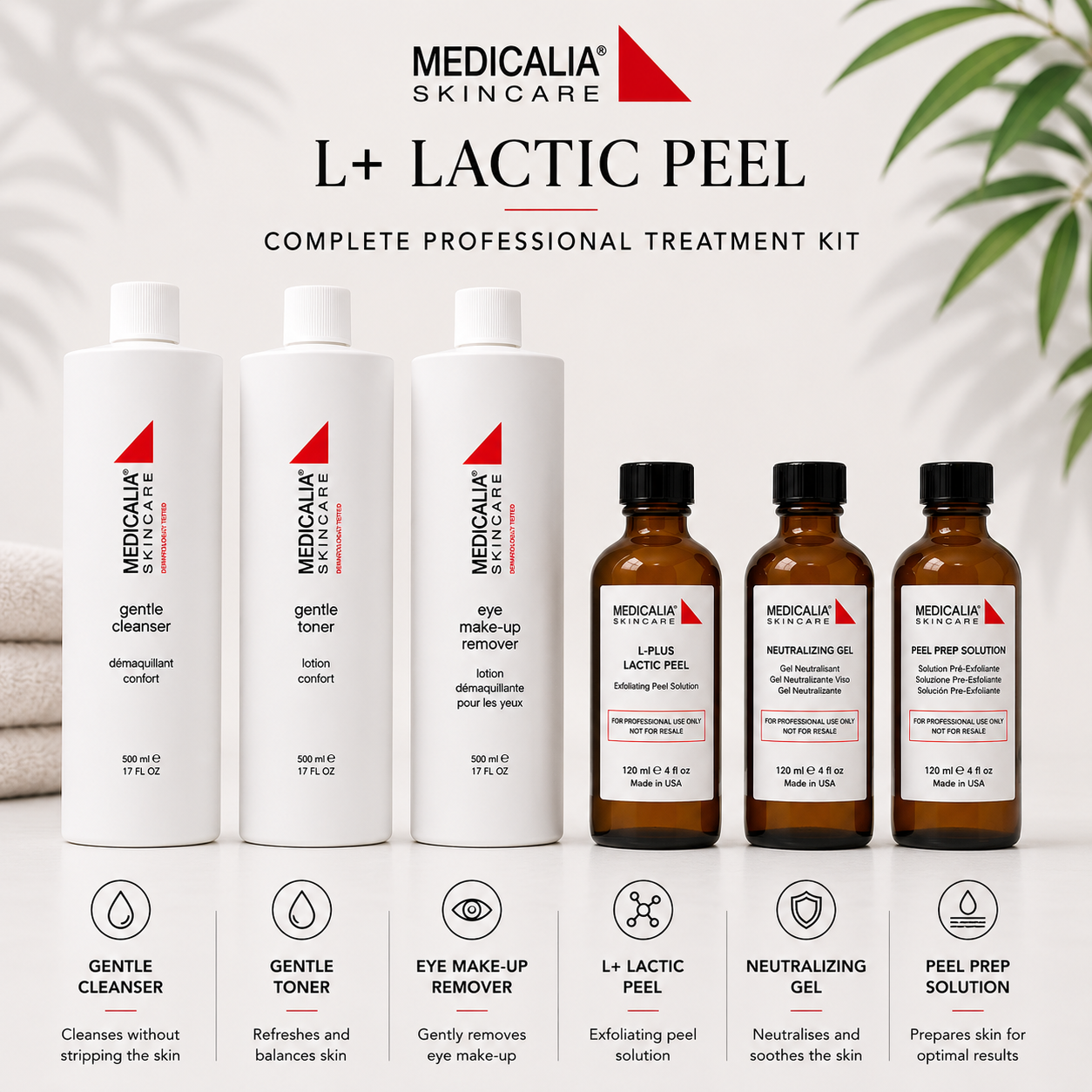 Medicalia L+ Lactic Peel complete professional treatment kit with gentle cleanser, gentle toner, eye make-up remover, peel, neutralizing gel and peel prep solution.