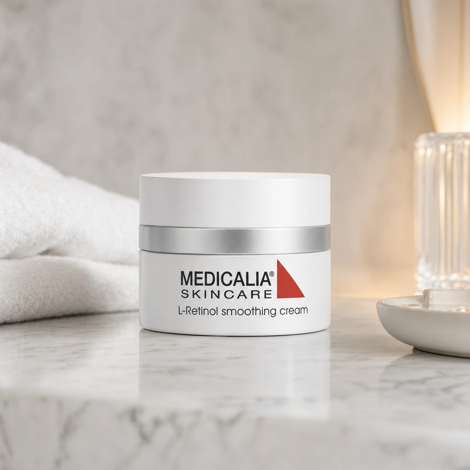 Medicalia L-Retinol Smoothing Cream 50ml on a premium marble bathroom vanity, an advanced resurfacing night cream with Micro-Retinol and AHAs for photo-damaged and ageing skin.