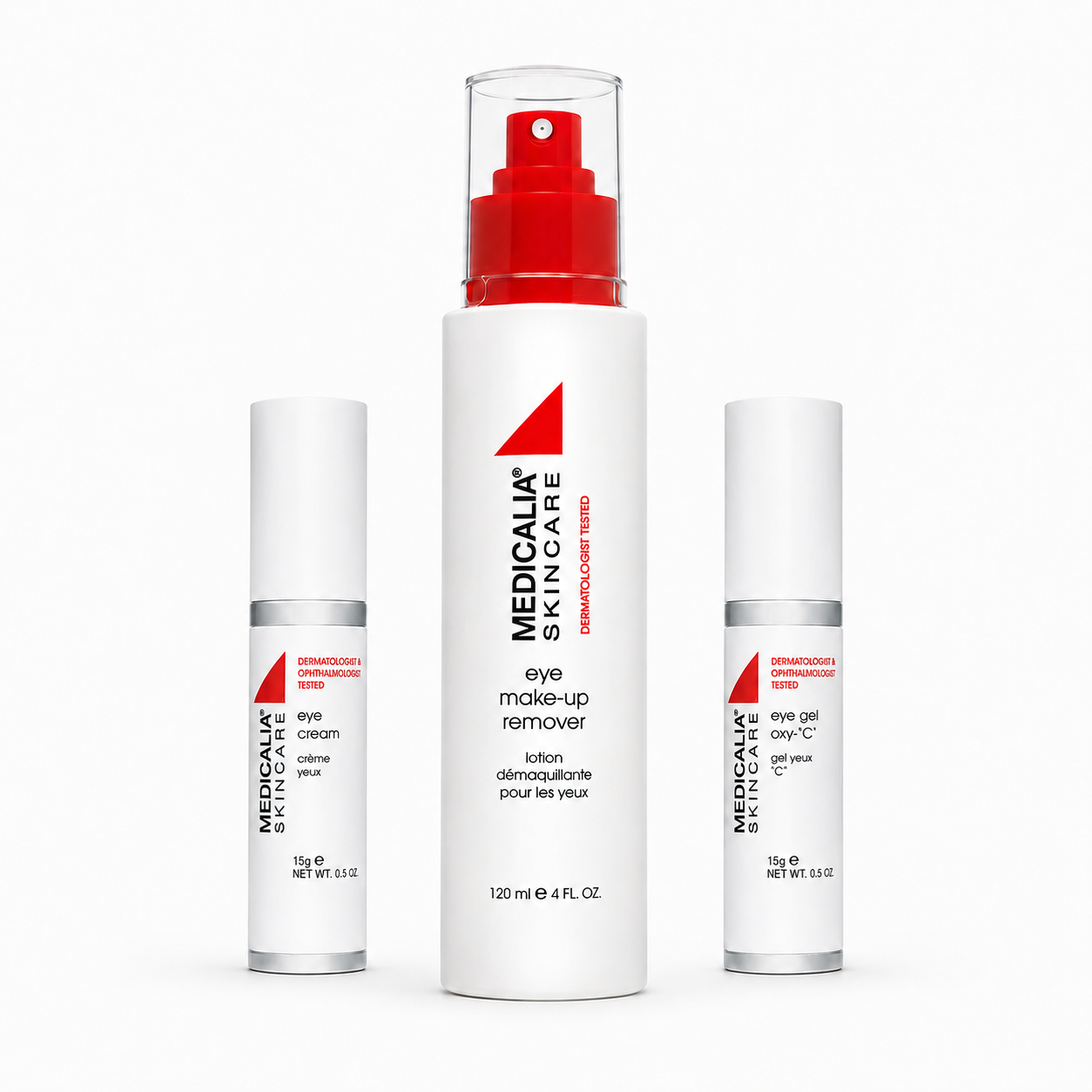 Medicalia Medi-Renew Eye Line Pre and Post-Operative collection featuring Eye Cream, Eye Gel Oxy C, and Eye Makeup Remover for Shopify.