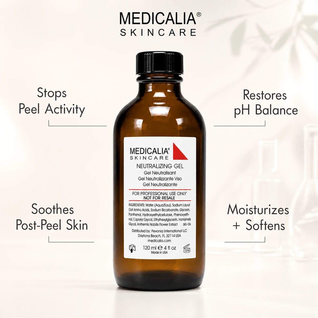 Medicalia Neutralizing Gel 120ml professional benefit callout for stopping peel activity, restoring pH balance and soothing post-peel skin.