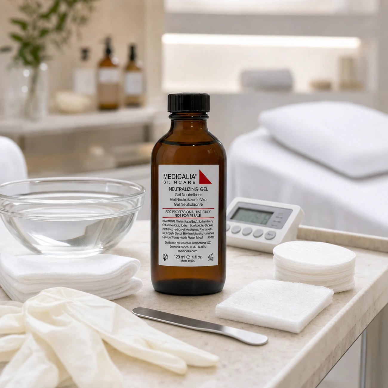 Medicalia Neutralizing Gel 120ml styled as the required neutralize step in a professional medi-clinic peel treatment room.