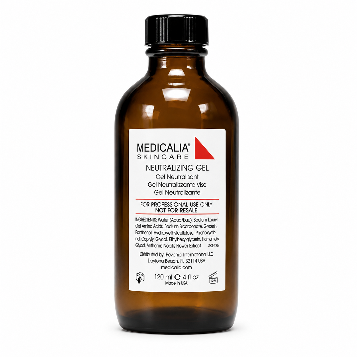 Medicalia Neutralizing Gel 120ml professional amber bottle on a clean white studio background.