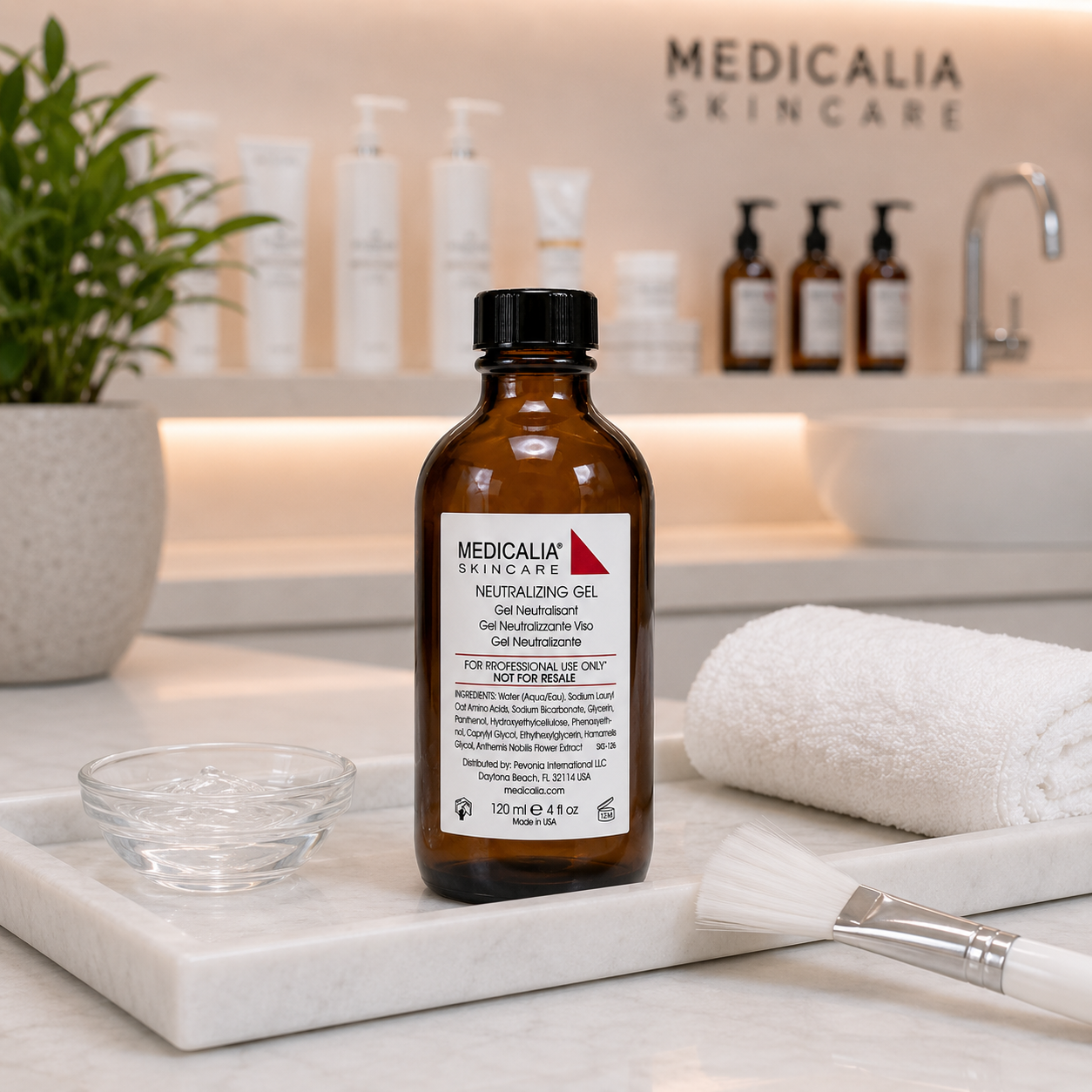 Medicalia Neutralizing Gel displayed on a marble clinic treatment tray with neutralizing gel bowl, treatment brush and towel in a professional facial peel treatment setting.