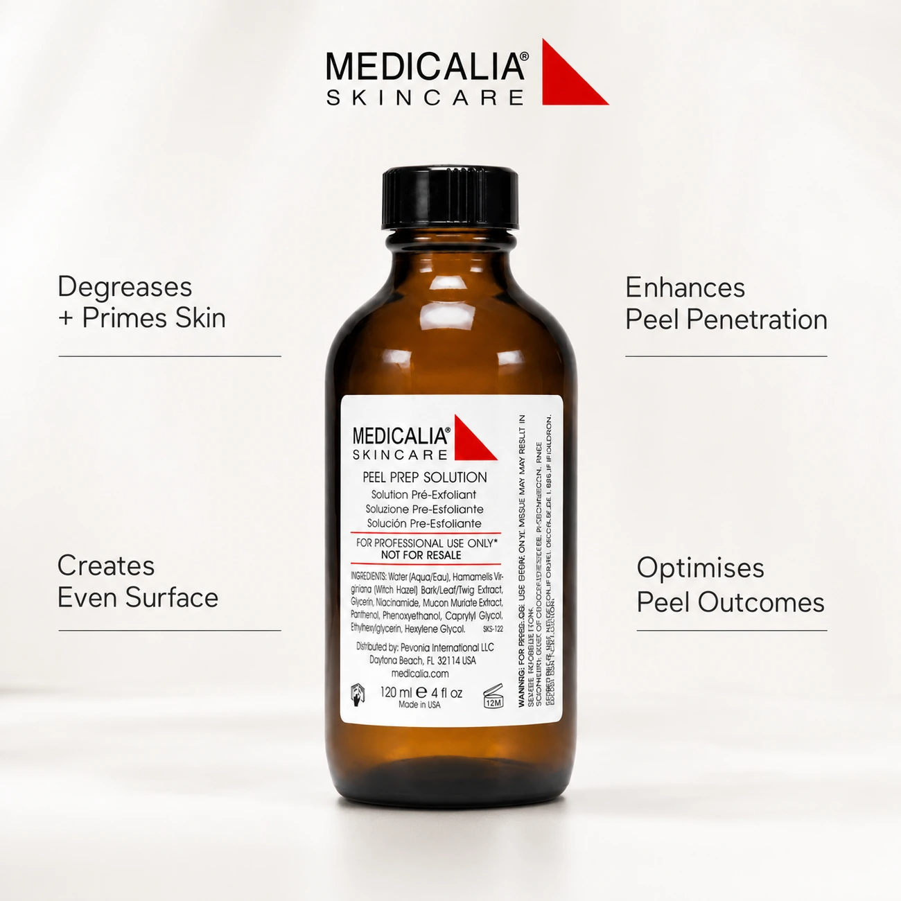Medicalia Peel Prep Solution 120ml professional benefit callout for degreasing, priming, peel penetration and treatment outcome optimisation.