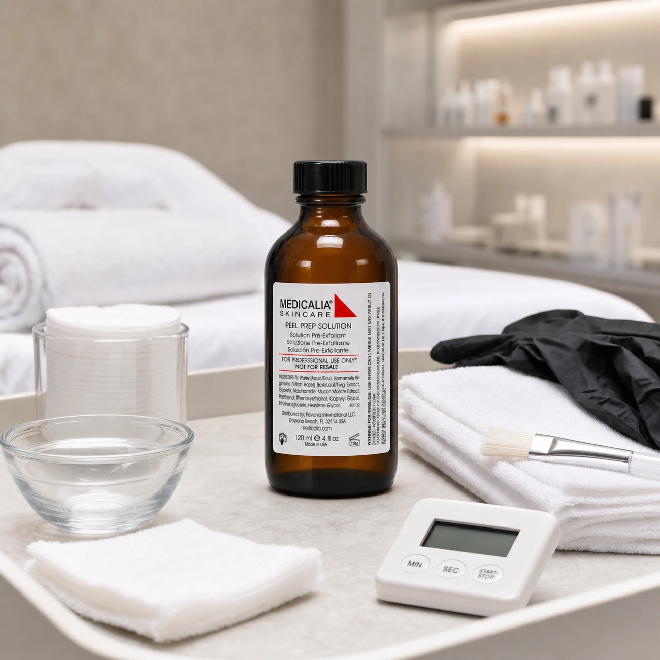 Medicalia Peel Prep Solution 120ml styled as the required prep step in a professional medi-clinic peel treatment room.