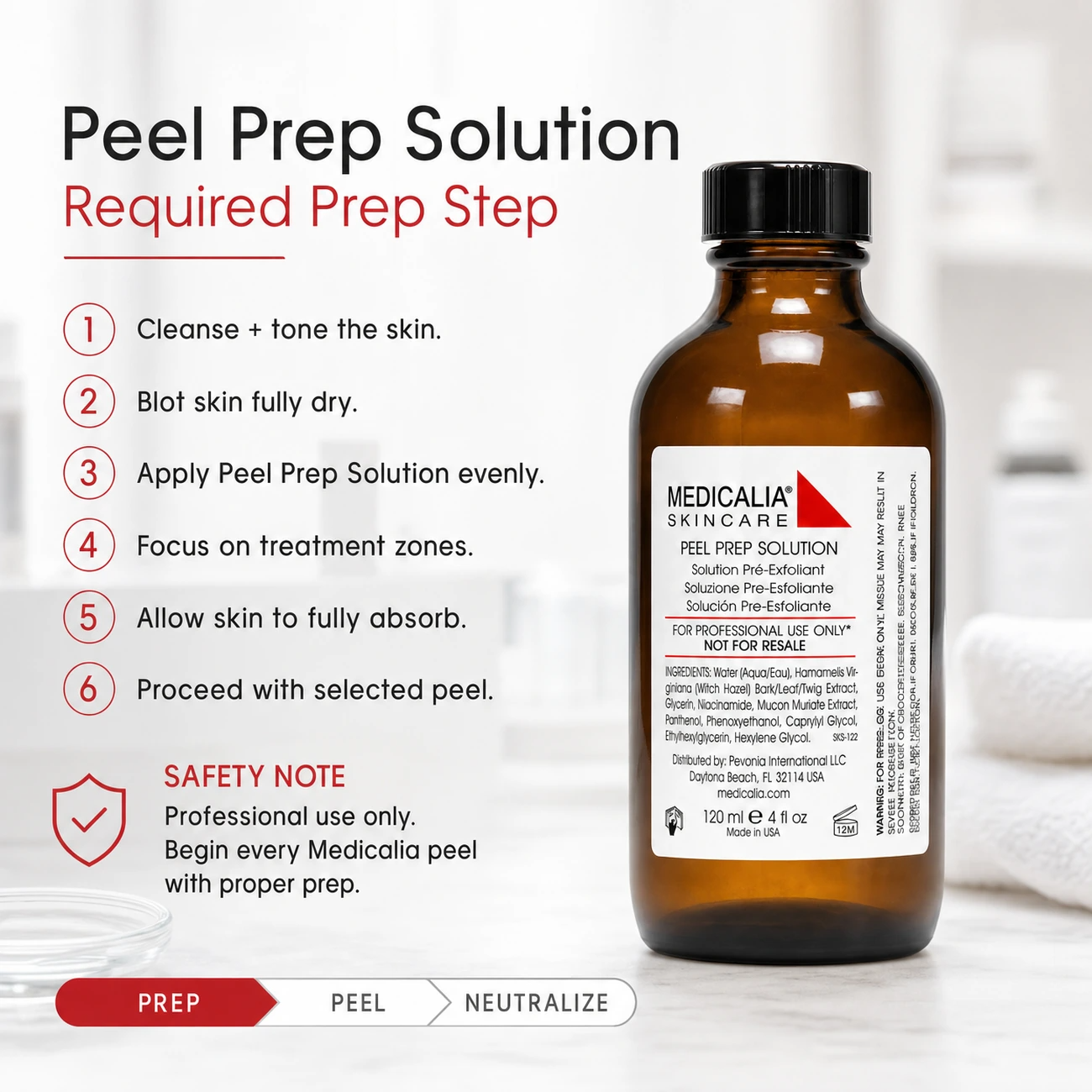 Medicalia Peel Prep Solution 120ml step-by-step professional prep protocol for use before Medicalia peel treatments.