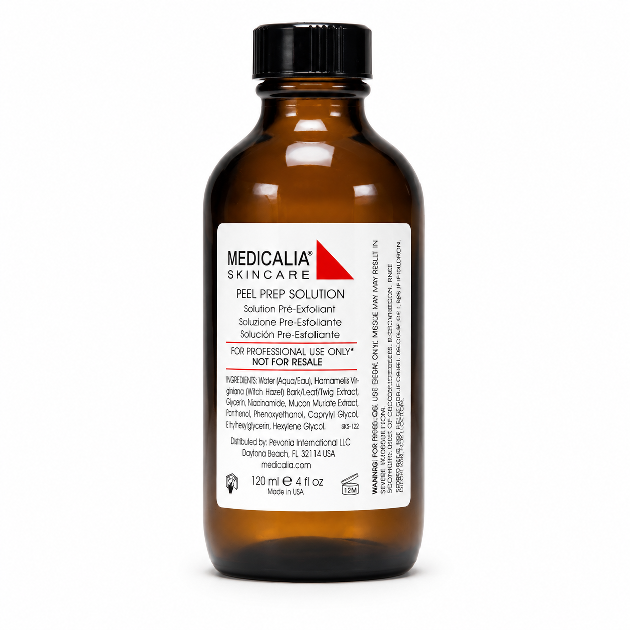 Medicalia Peel Prep Solution 120ml professional amber bottle on a clean white studio background.