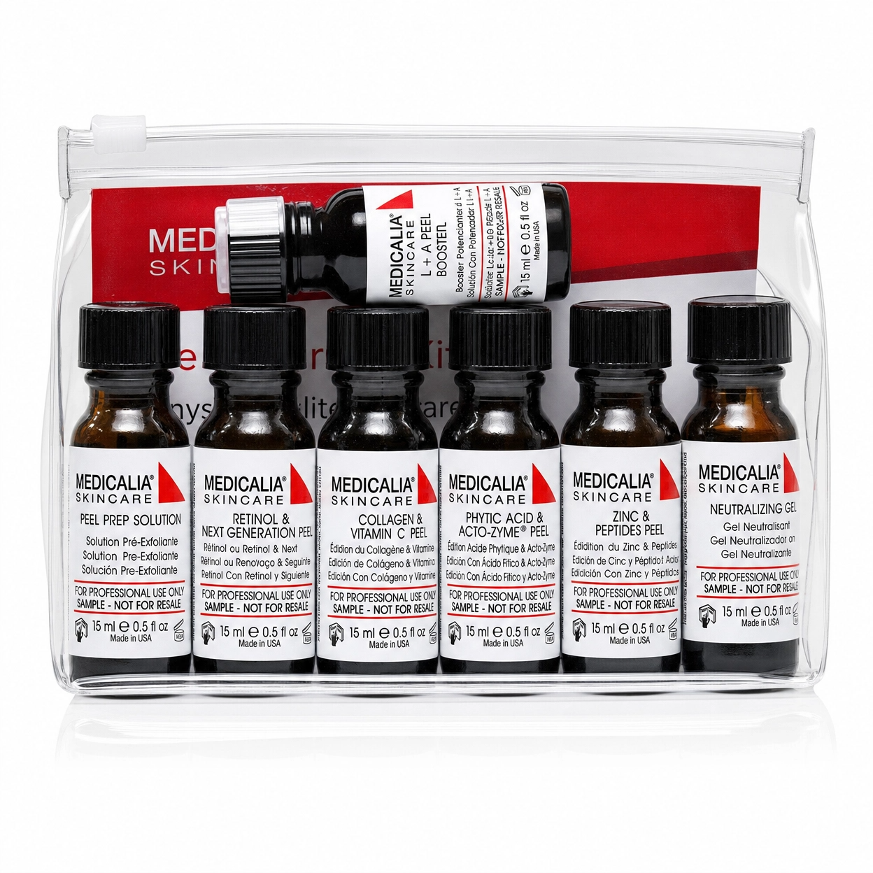Medicalia Peel Trial Pack 7 x 15ml professional peel trial kit in clear pouch for clinic and salon treatment sampling.