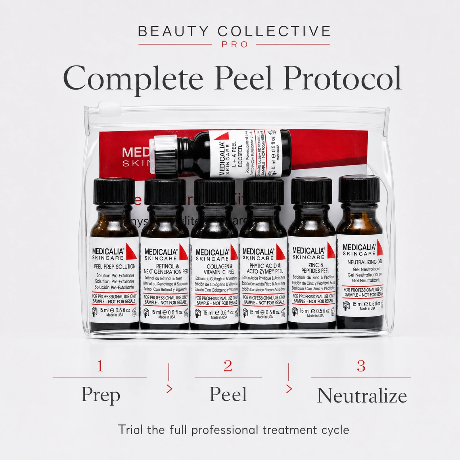 Medicalia Peel Trial Pack 7 x 15ml showing prep solution, five corrective peels and neutralizing gel for professional use.