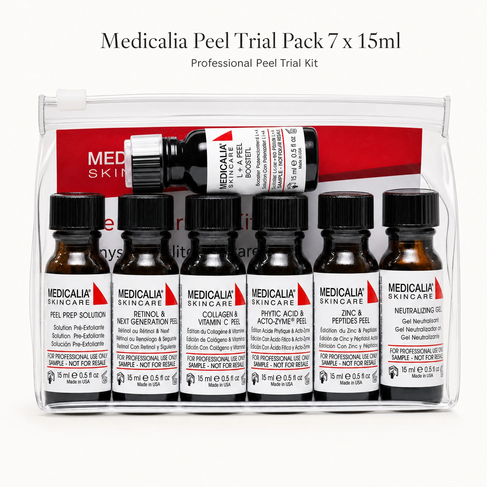 Medicalia Peel Trial Pack 7 x 15ml professional peel trial kit in clear pouch for clinic and salon treatment sampling.