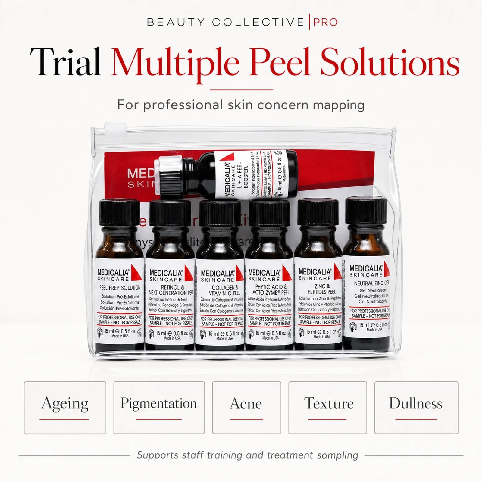 Medicalia Peel Trial Pack 7 x 15ml arranged as a professional peel protocol from prep to peel to neutralize.
