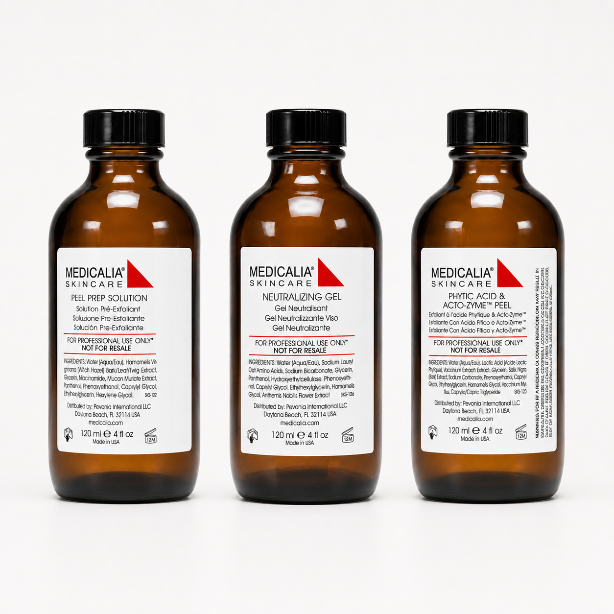 Medicalia Peel Prep Solution, Neutralizing Gel and Phytic Acid & Acto-Zyme Peel 120ml bottles displayed together for medi clinic peeling treatments.