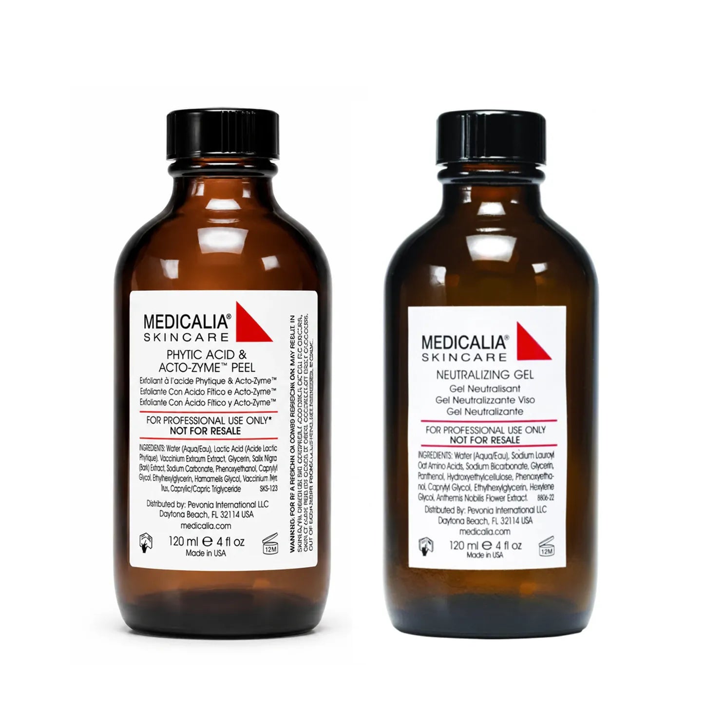 Medicalia Phytic Acid and Acto-Zyme Peel with Neutralizing Gel professional treatment duo in 120ml bottles.