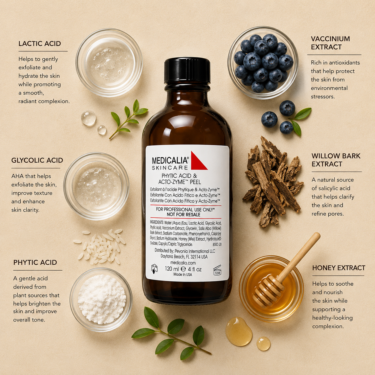 Medicalia Phytic Acid and Acto-Zyme Peel 120ml ingredient flatlay with lactic acid, glycolic acid, phytic acid, vaccinium extract, willow bark extract and honey extract on a warm beige background