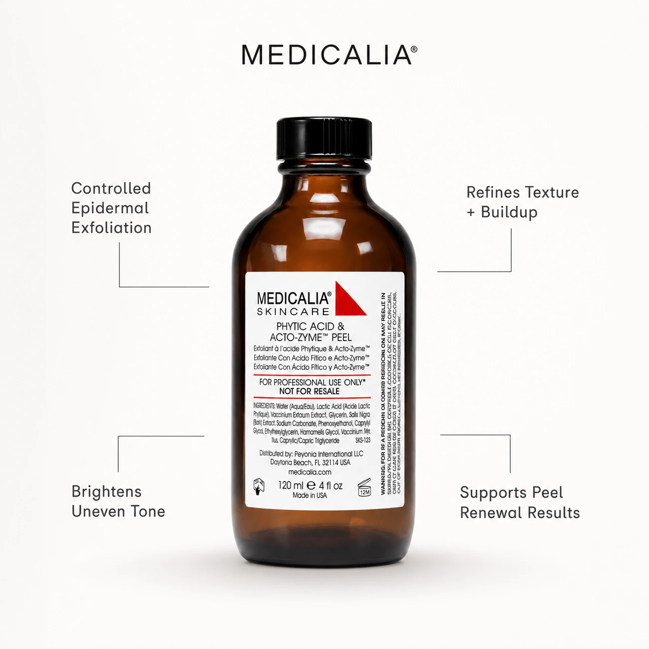 Medicalia Phytic Acid and Acto-Zyme Peel 120ml professional benefit callout for controlled exfoliation, tone brightening and texture refinement.