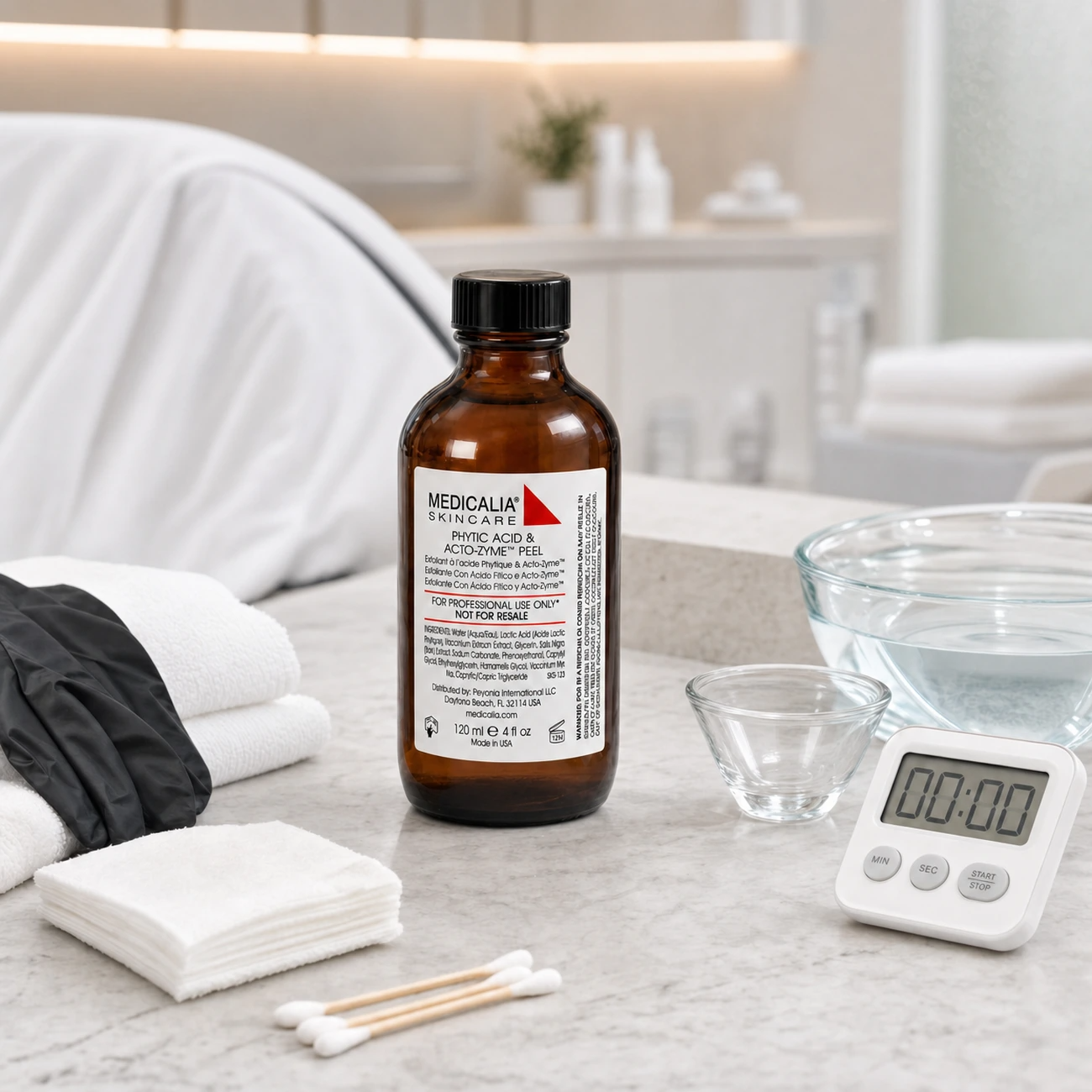 Medicalia Phytic Acid and Acto-Zyme Peel 120ml styled as a professional medi-clinic peeling treatment product for trained therapists.