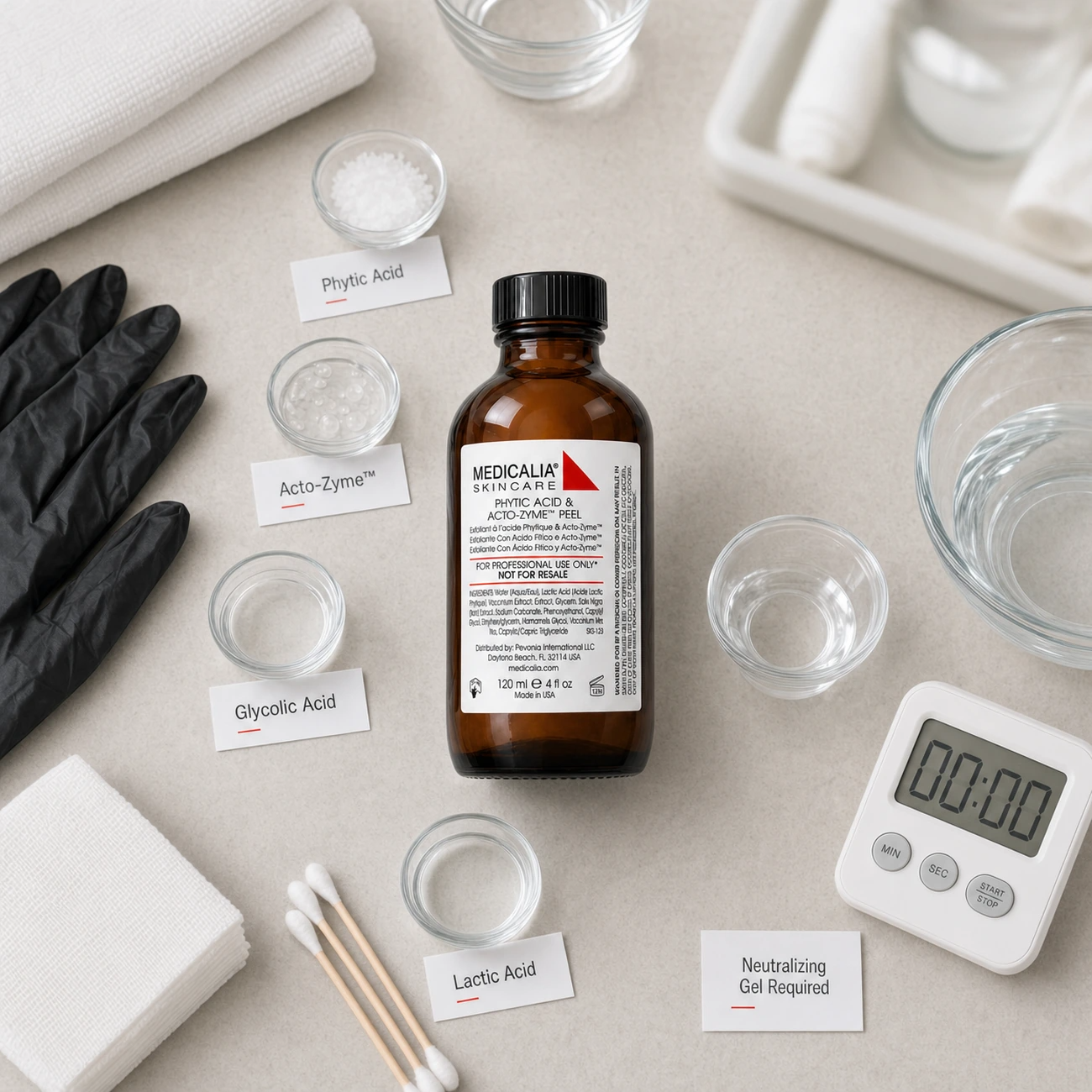 Medicalia Phytic Acid and Acto-Zyme Peel 120ml flatlay with professional peel tools, Neutralizing Gel requirement and acid-enzyme ingredient references.