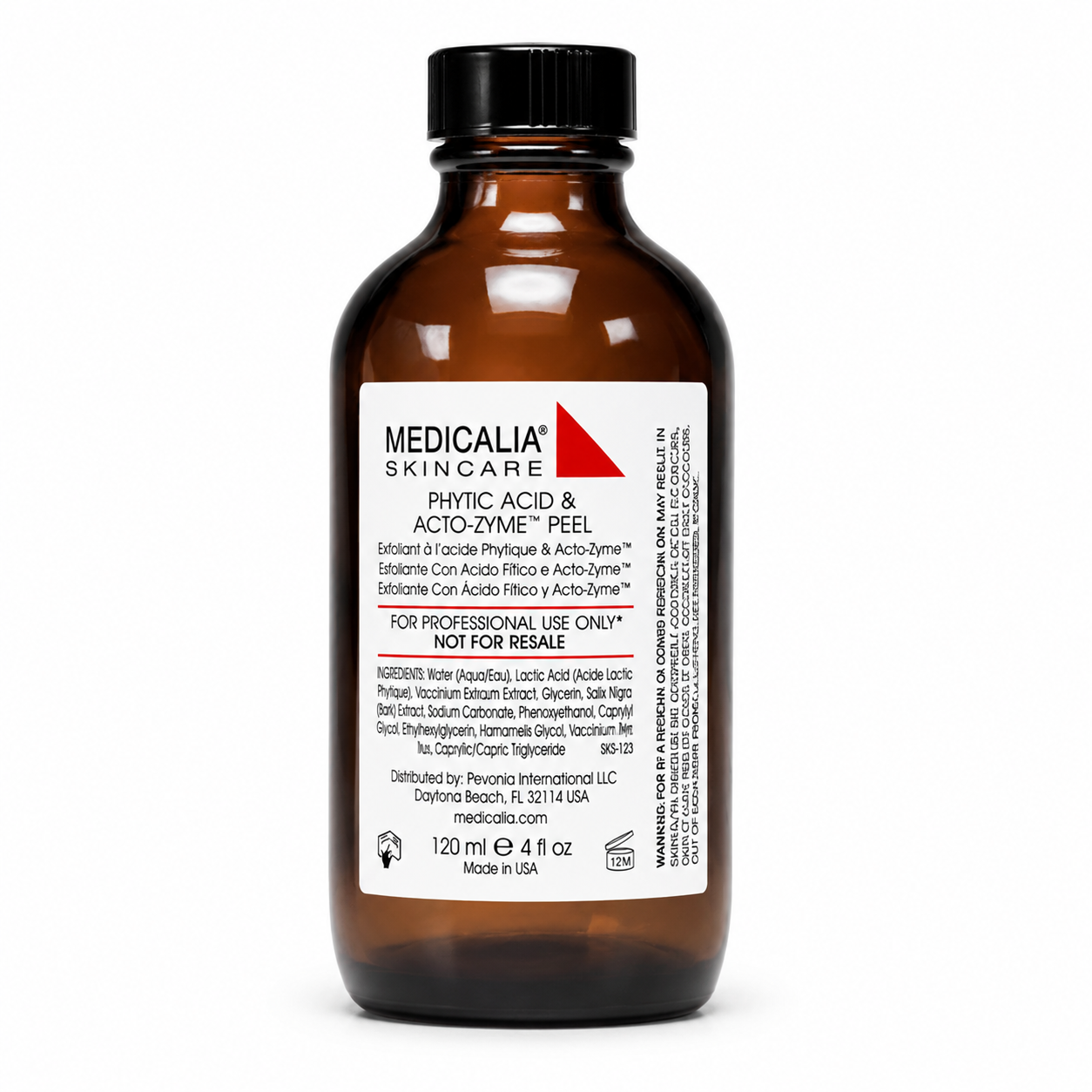 Medicalia Phytic Acid and Acto-Zyme Peel 120ml professional amber bottle on a clean white studio background.
