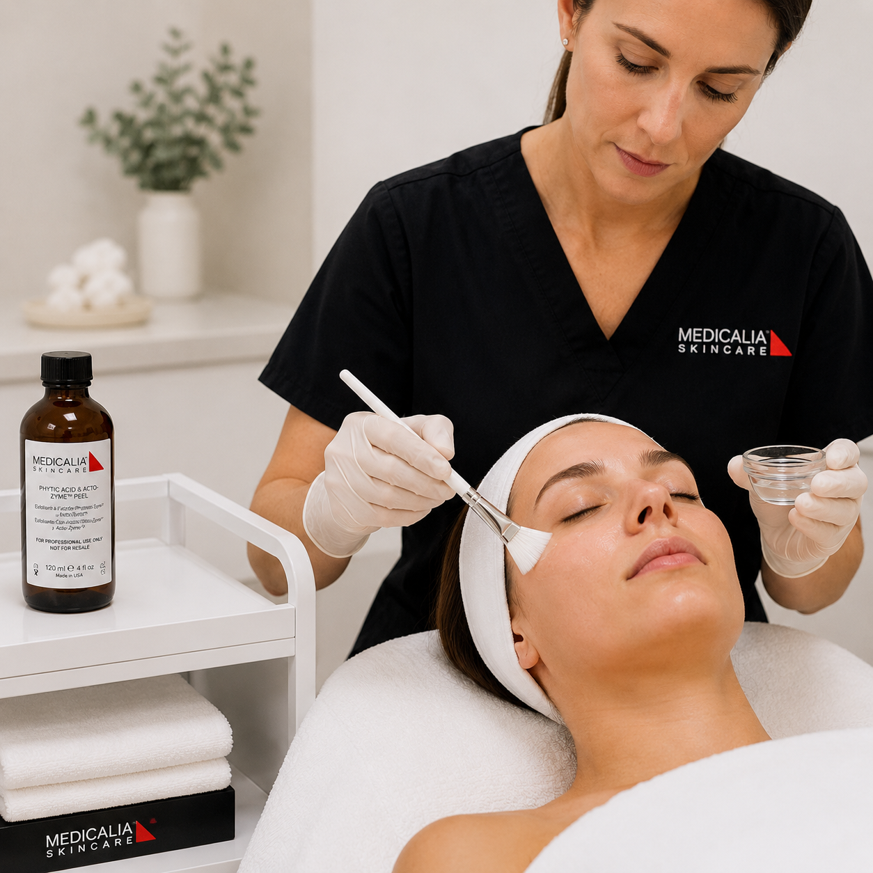 Therapist applying Medicalia Phytic Acid and Acto-Zyme Peel treatment with a brush in a professional clinic setting.