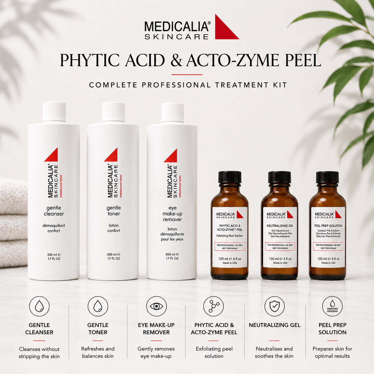 Medicalia Phytic Acid & Acto-Zyme Peel complete professional treatment kit with cleanser, toner, eye make-up remover, peel, neutralizing gel and peel prep solution.