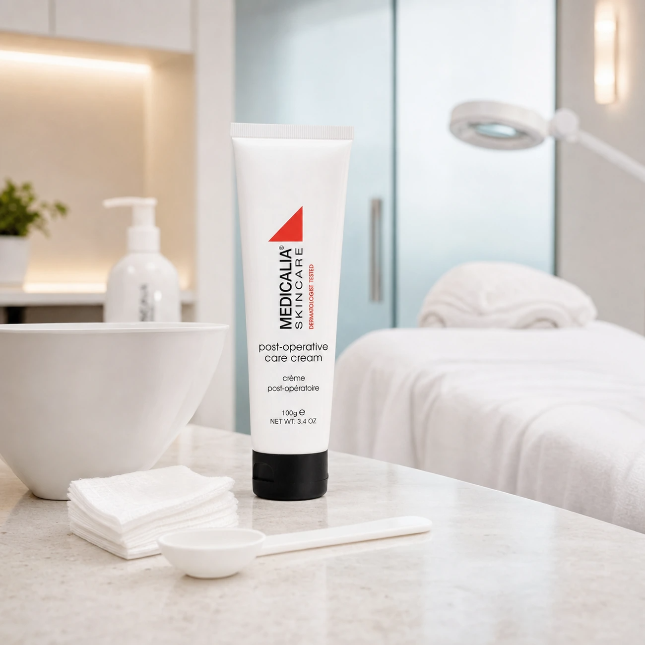 Medicalia Post-Operative Care Cream 100g styled as a professional treatment-room product for beauty salon and medi-clinic facial treatments.