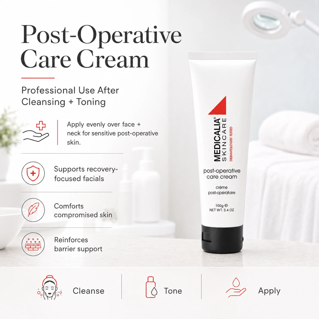 Medicalia Post-Operative Care Cream 100g professional benefit callout with page-supported post-procedure, barrier comfort and skin pliability benefits.