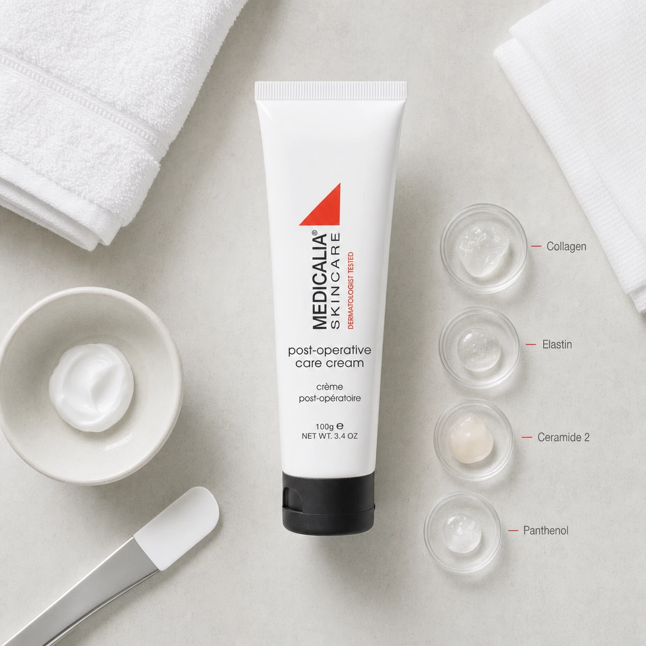 Medicalia Post-Operative Care Cream 50ml flatlay with key ingredients Collagen, Squalane, Vitamin E, and Panthenol.