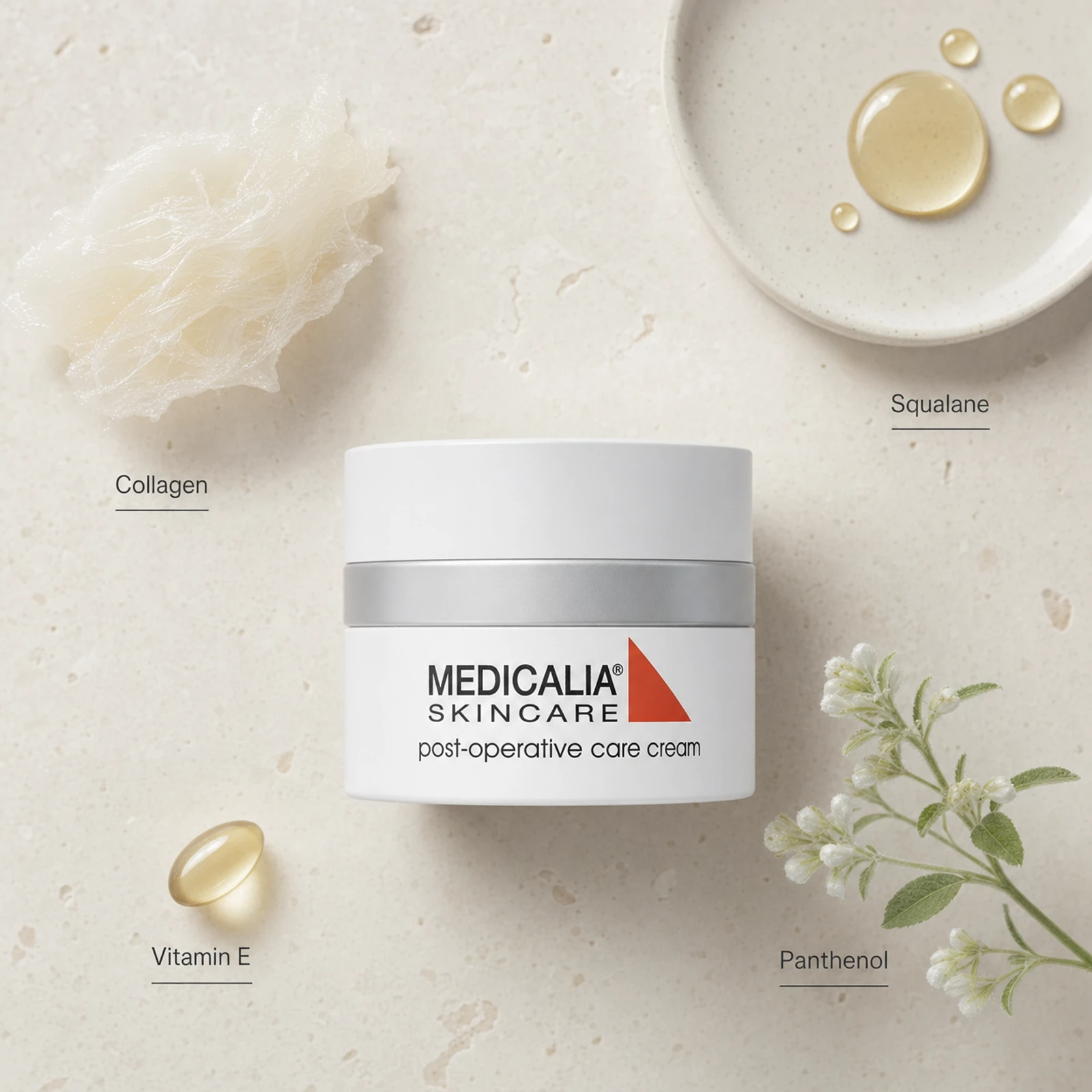 Medicalia Post-Operative Care Cream 50ml flatlay with key ingredients Collagen, Squalane, Vitamin E, and Panthenol.
