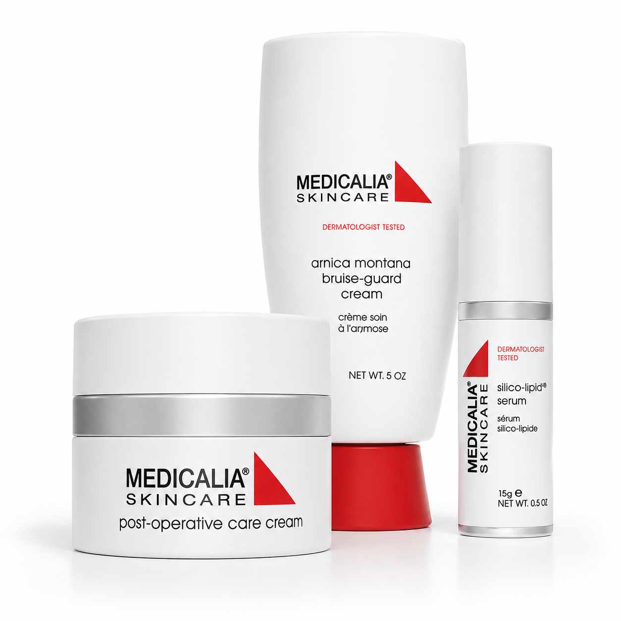 Medicalia Skincare post-operative care cream, arnica montana bruise-guard cream and silico-lipid serum on a clean white studio background.