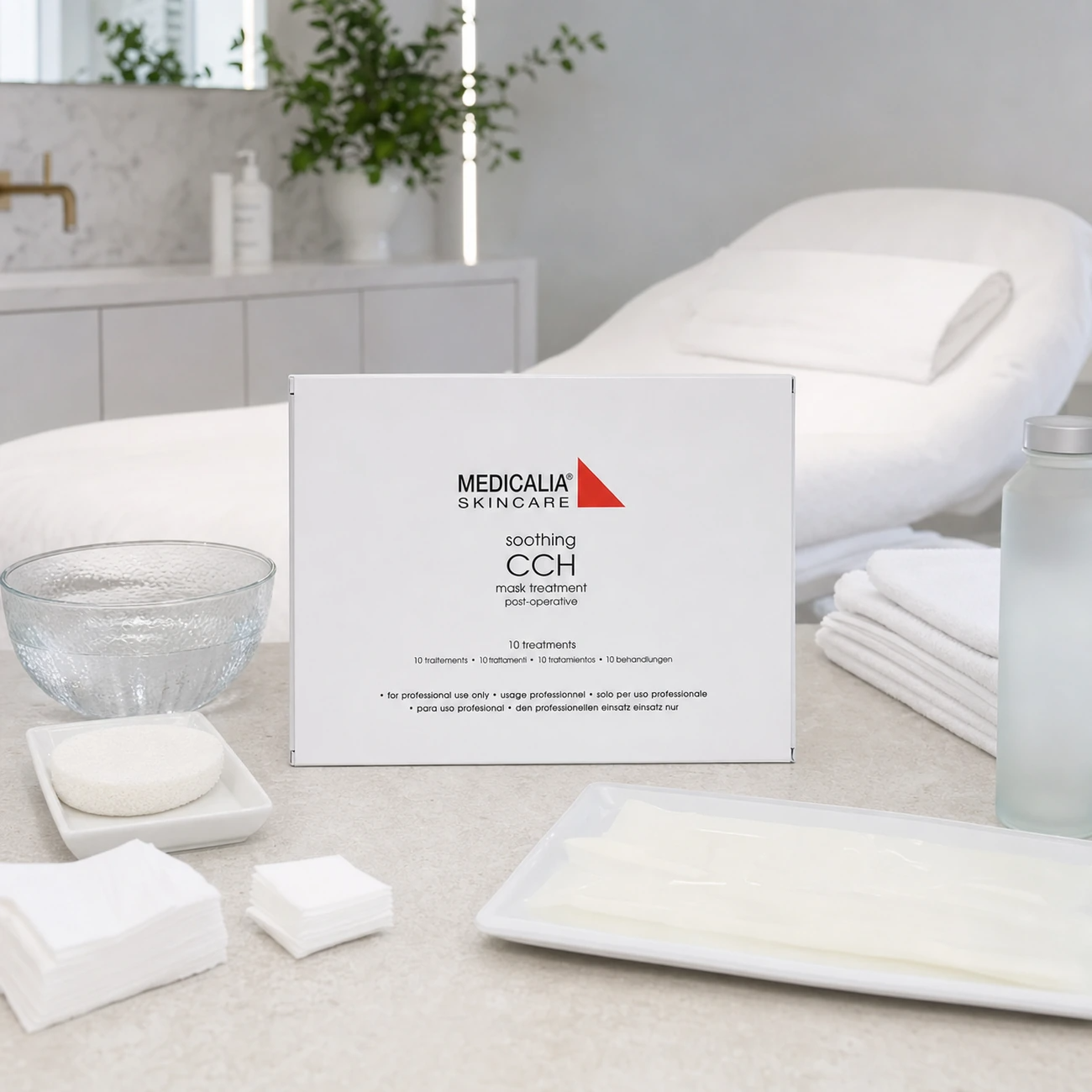 Medicalia Post-Operative CCH Mask Treatment 10 Treatments styled as a professional collagen-fiber sheet mask system for medi-clinic treatment rooms.