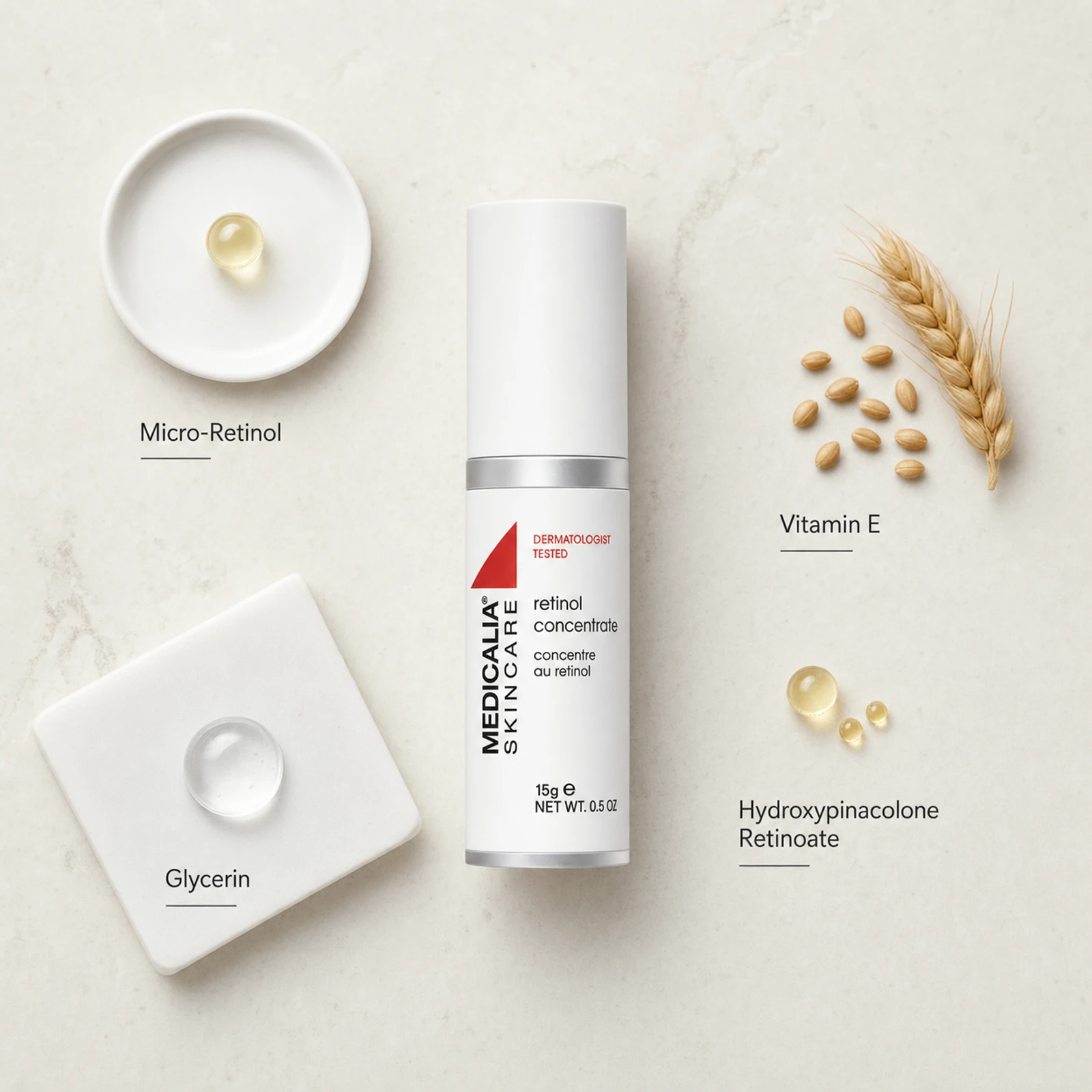 Medicalia Retinol Concentrate 15g flatlay with key ingredients Micro-Retinol, Vitamin E, Glycerin, and Hydroxypinacolone Retinoate.
