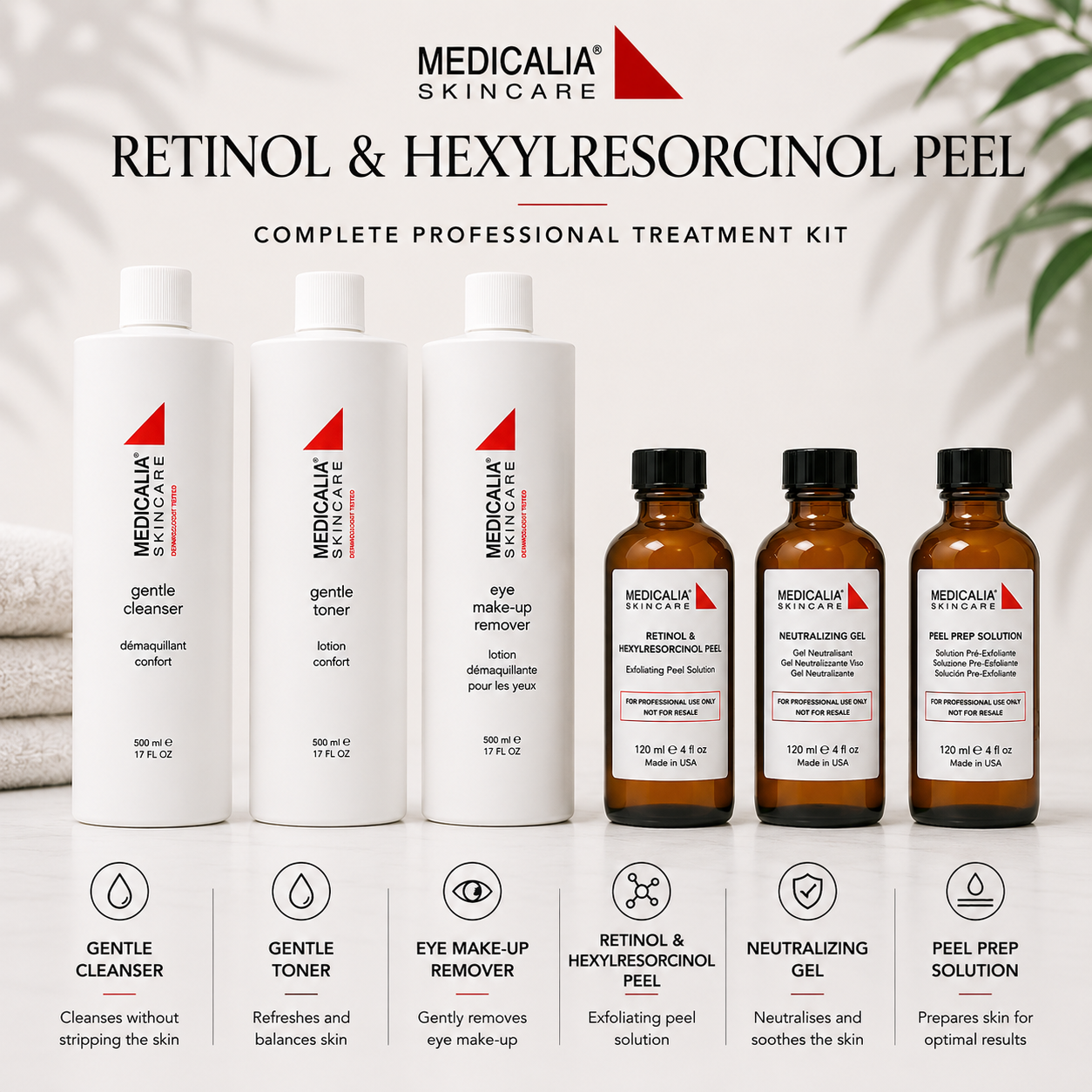 Medicalia Retinol & Hexylresorcinol Peel complete professional treatment kit with gentle cleanser, gentle toner, eye make-up remover, peel, neutralizing gel and peel prep solution.