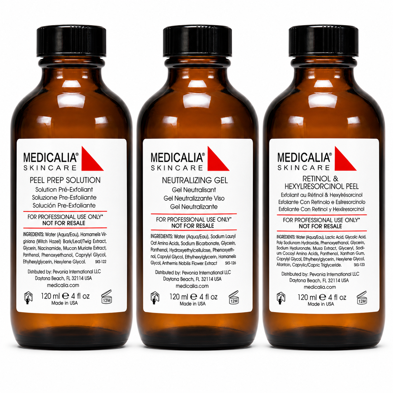 Medicalia Peel Prep Solution, Neutralizing Gel and Retinol & Hexylresorcinol Peel 120ml bottles displayed together for medi clinic peeling treatments.