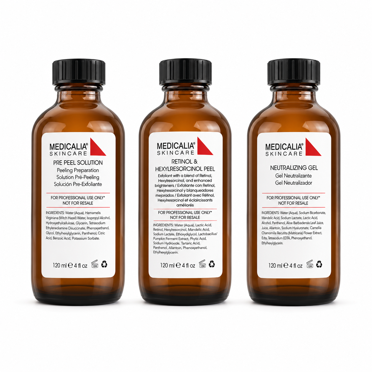 Medicalia Skincare professional peel trio featuring Pre Peel Solution, Retinol & Hexylresorcinol Peel, and Neutralizing Gel in amber glass bottles on a clean white background.
