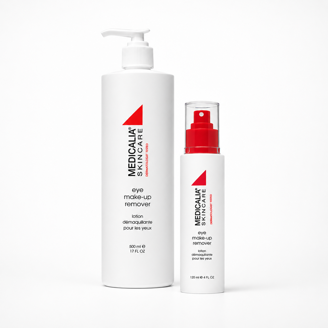 Medicalia Skincare Eye Make-Up Remover retail and professional variant image showing the 120ml retail spray bottle and 500ml professional pump bottle together on a clean white background.