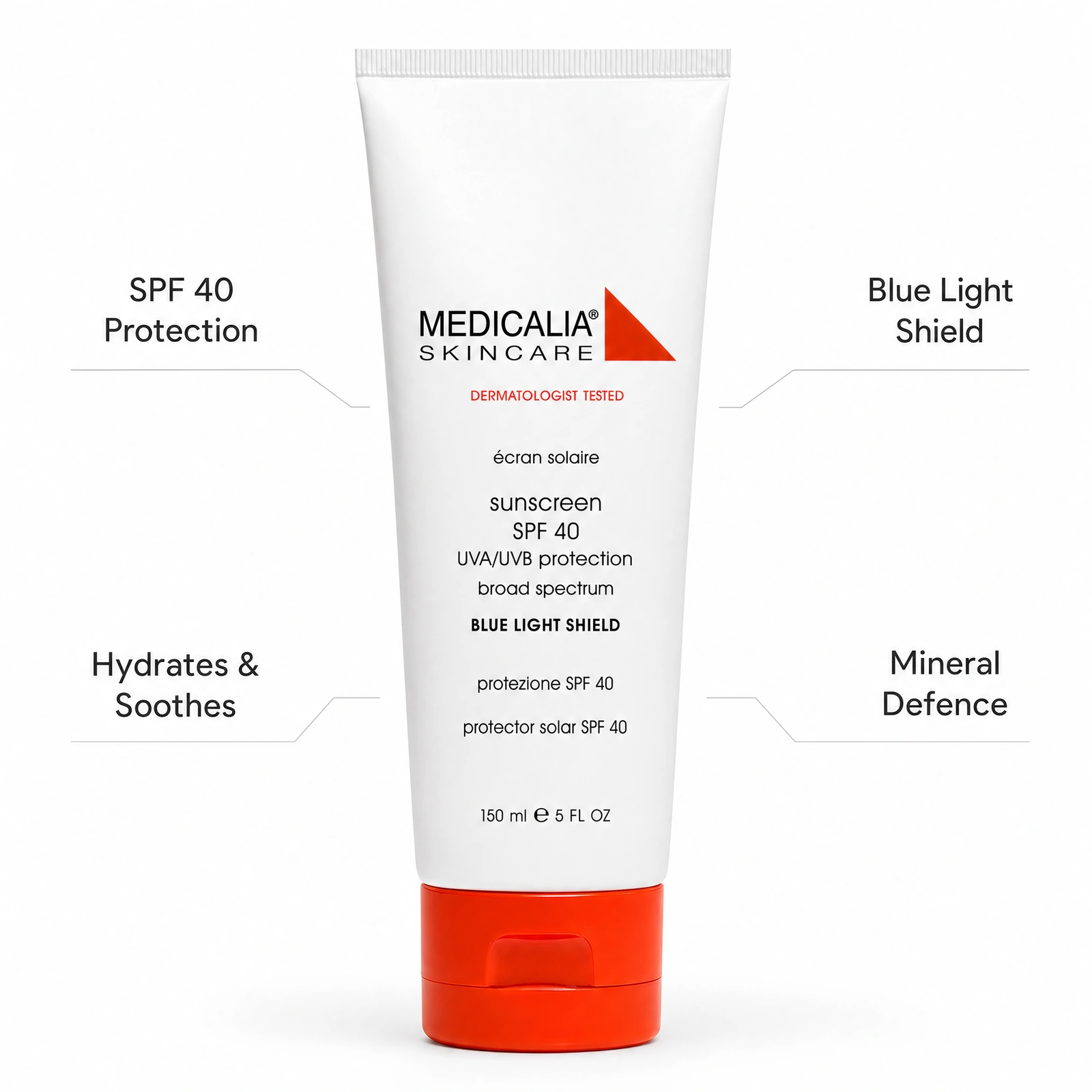 Medicalia Sunscreen SPF 40 with Blue Light Shield 150ml with professional benefit callouts for SPF 40 protection, blue light shield, hydration and mineral defence.