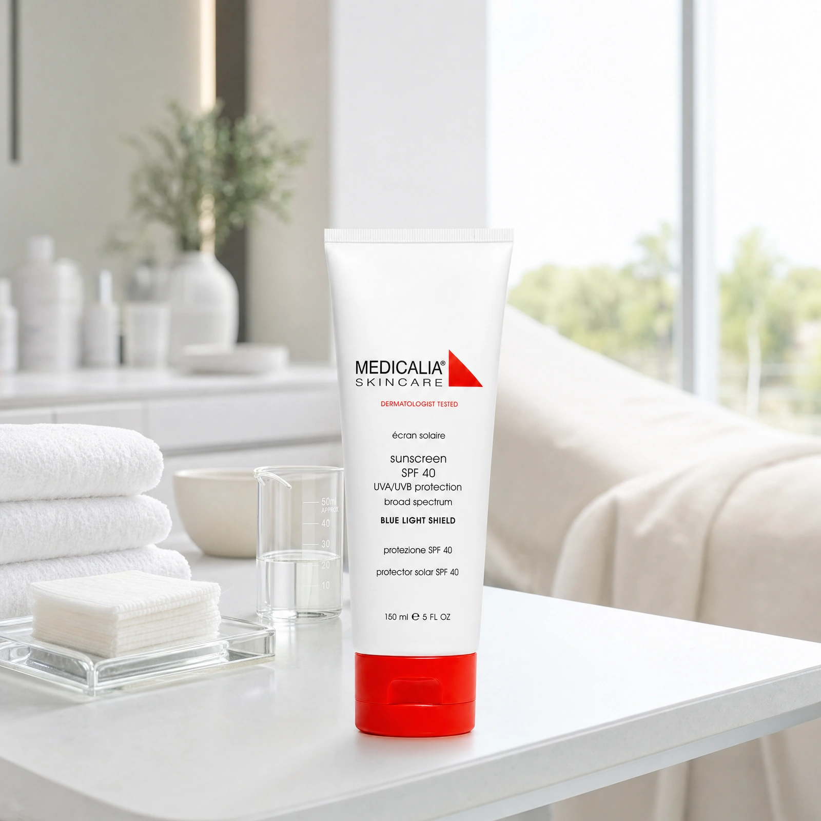 Medicalia Sunscreen SPF 40 with Blue Light Shield 150ml displayed in a premium clinical treatment-room setting for professional SPF, blue-light protection and daily skin defence recommendations.