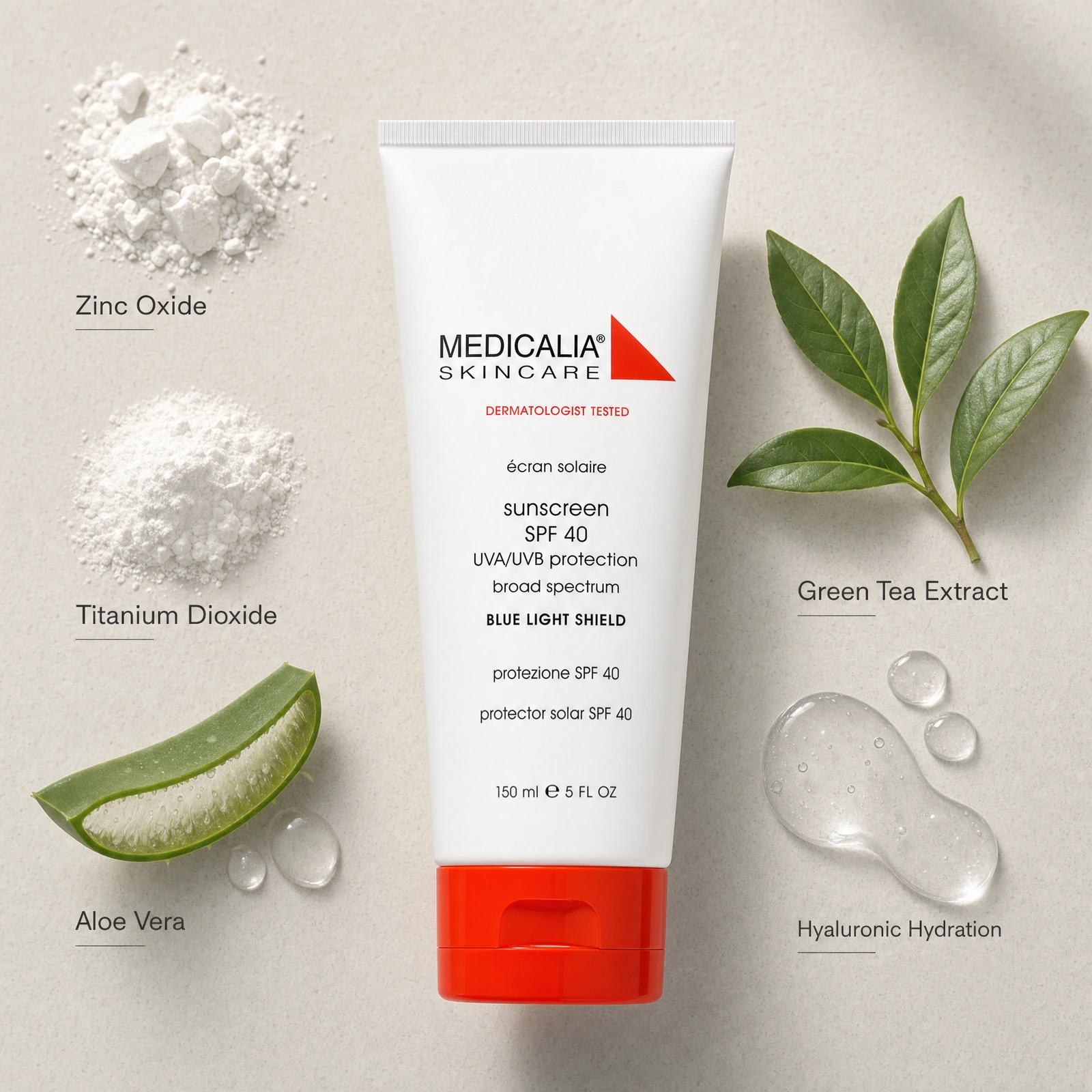 Medicalia Sunscreen SPF 40 with Blue Light Shield 150ml ingredient flatlay with Zinc Oxide, Titanium Dioxide, Aloe Vera, Green Tea Extract and Hyaluronic Hydration.