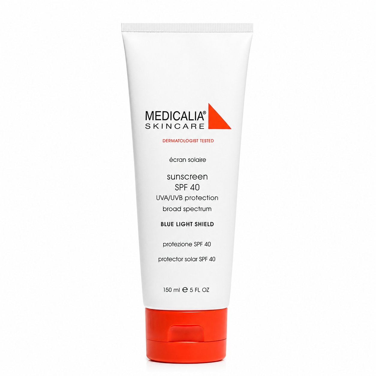 Medicalia Sunscreen SPF 40 with Blue Light Shield 150ml tube packshot on a white background.