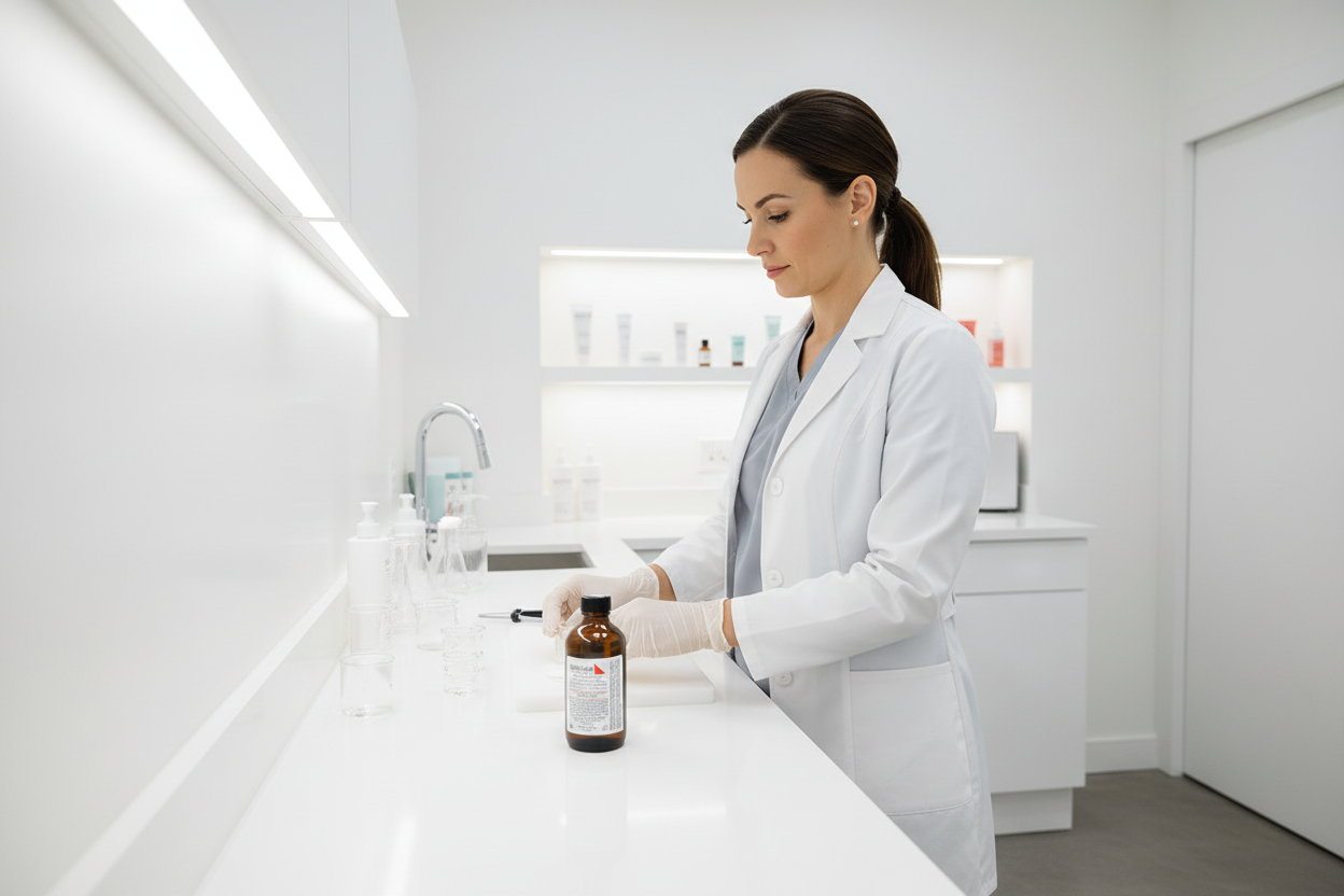 Therapist  in a lab coat preparing for a peel treatment with a bottle of Medicalia Zink Peptides peel next to her on a table in a clinical setting