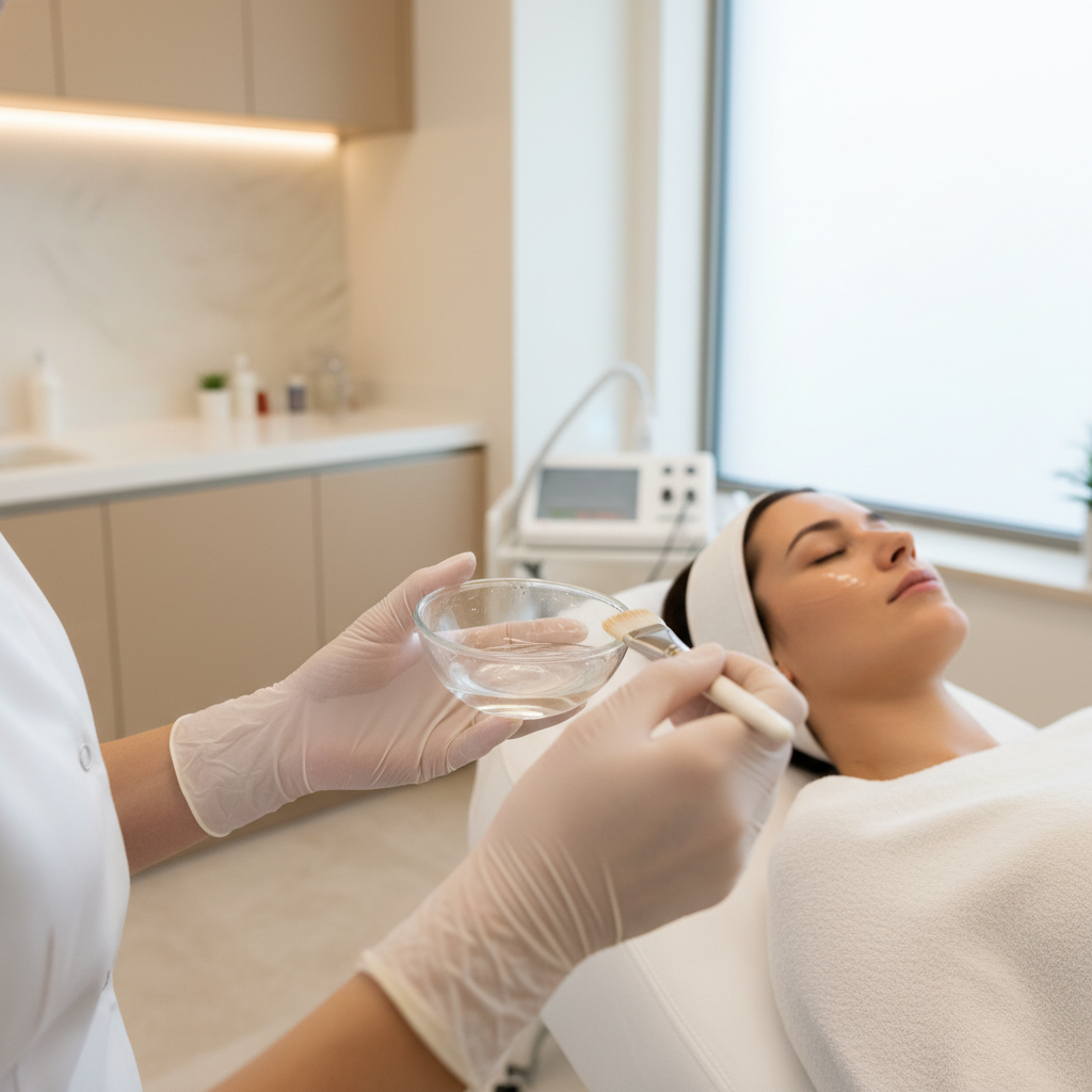 Woman receiving a Medicalia Zinc and Peptides Peel treatment in a clinical setting