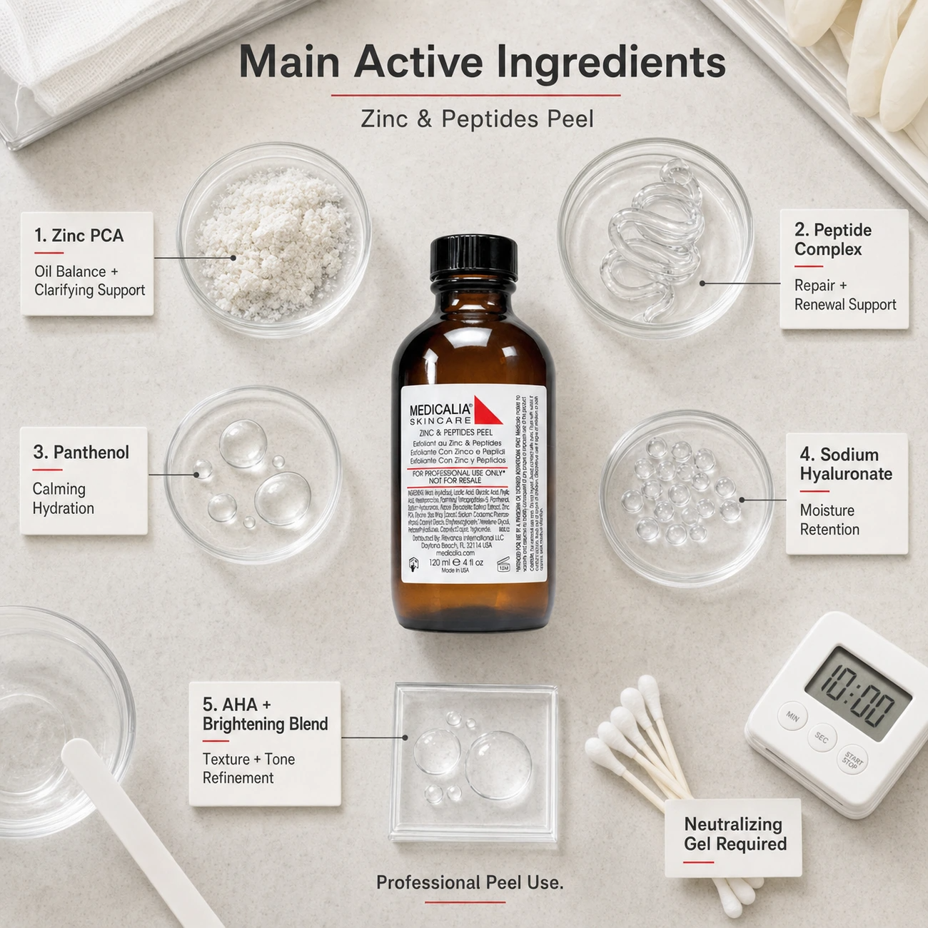 Medicalia Zinc and Peptides Peel 120ml main active ingredients and actions image showing Zinc PCA, peptide complex, panthenol, sodium hyaluronate and AHA brightening blend for professional peel treatments.