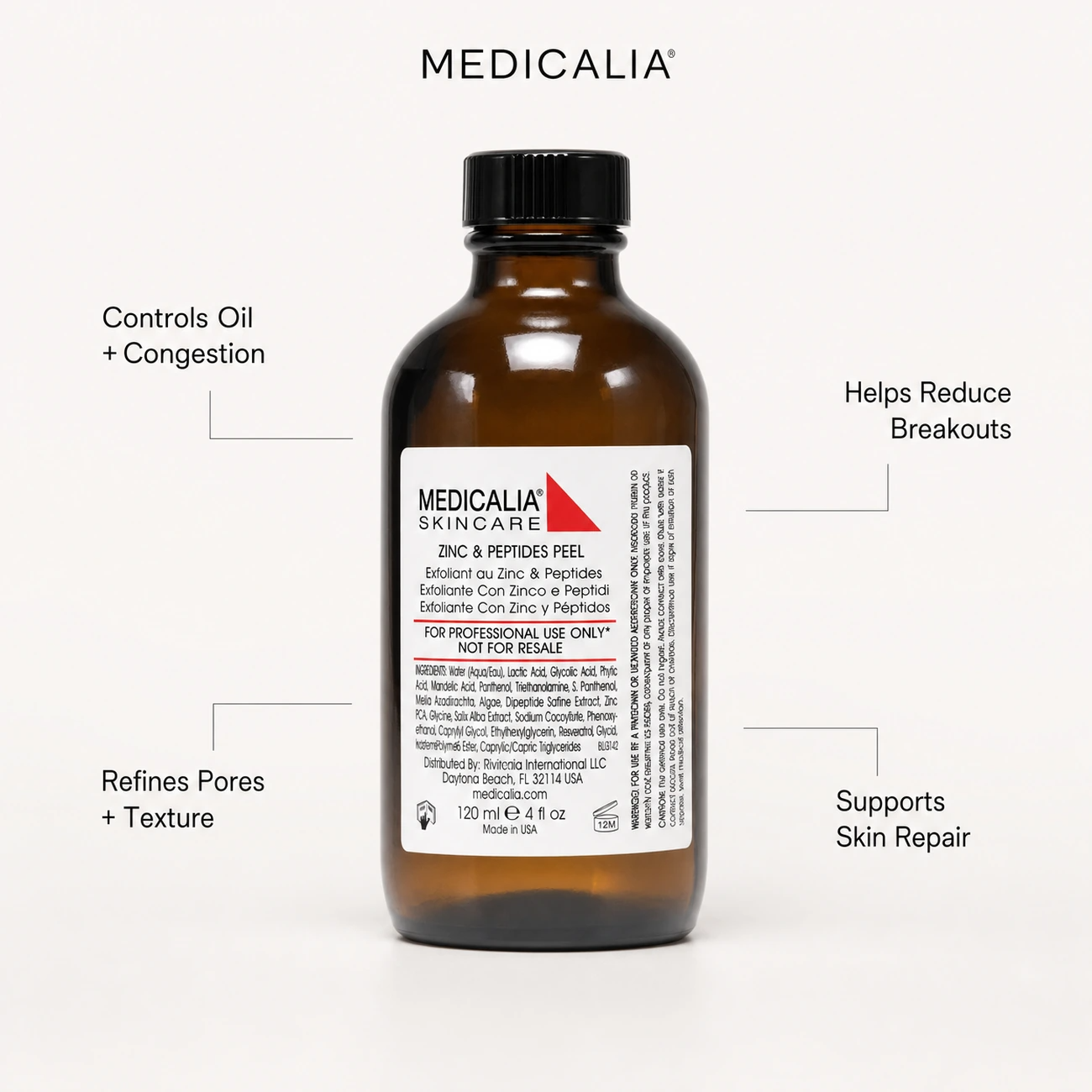 Medicalia Zinc and Peptides Peel 120ml professional benefit callout for oil control, breakouts, pore refinement and skin repair support.